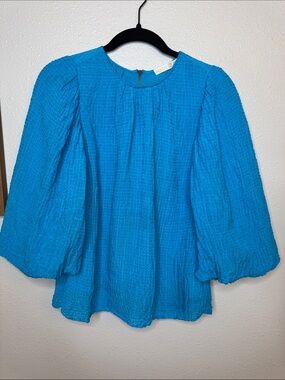 Marie Oliver Harley Blouse Linen Blend Blue Turquoise Textured Puff-Sleeve - Med